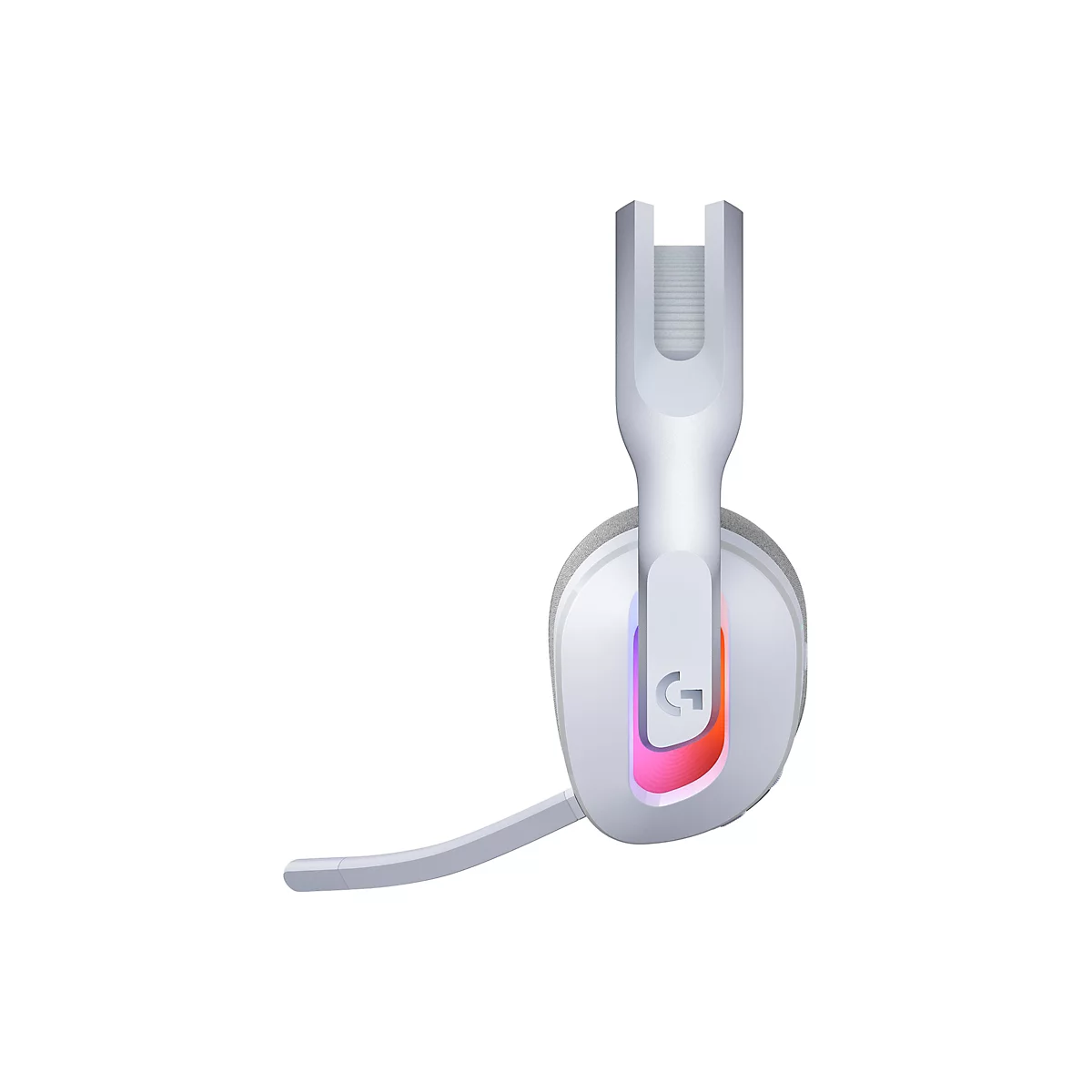 Ein weißes Gaming-Headset mit Mikrofon und RGB-Beleuchtung auf weißem Hintergrund. Das Logitech-G-Logo ist sichtbar.