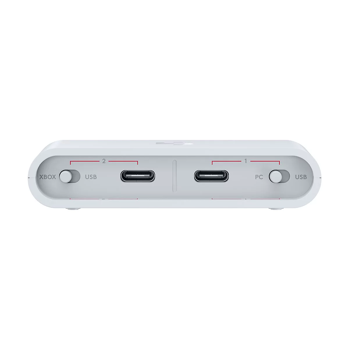Weißes Gerät mit USB-C-Anschlüssen. Aufschrift: Xbox, PC, USB und 1 und 2.