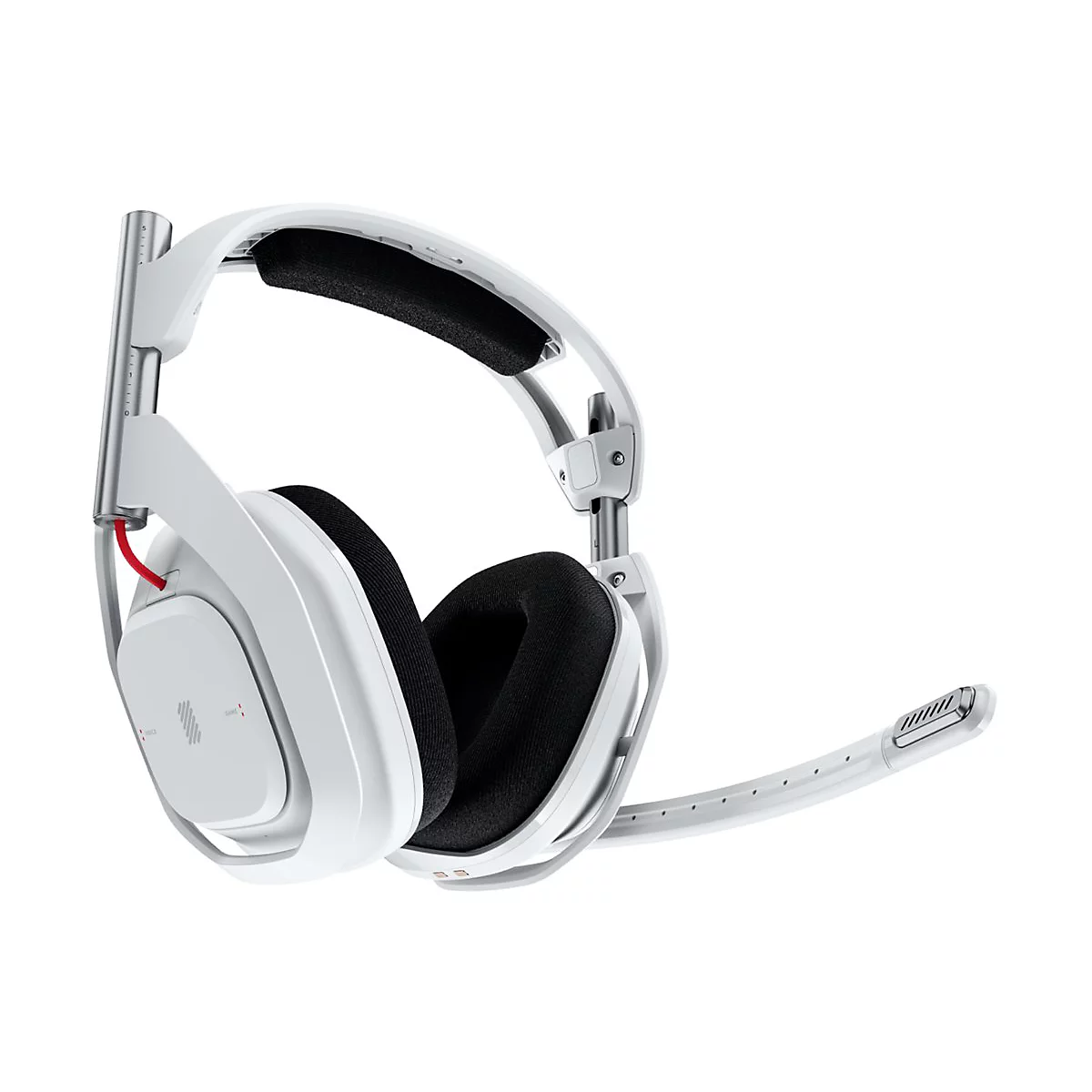 Weißes Gaming-Headset, schwarze Ohrmuschelabdeckung, Mikrofon.
