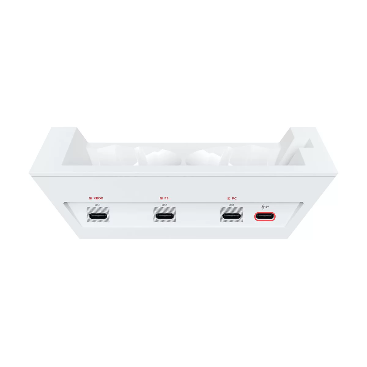 Draufsicht auf eine weiße Ladestation mit Anschlüssen für Xbox, PS und PC. Unten sind USB- und 5V-Anschlüsse zu sehen.