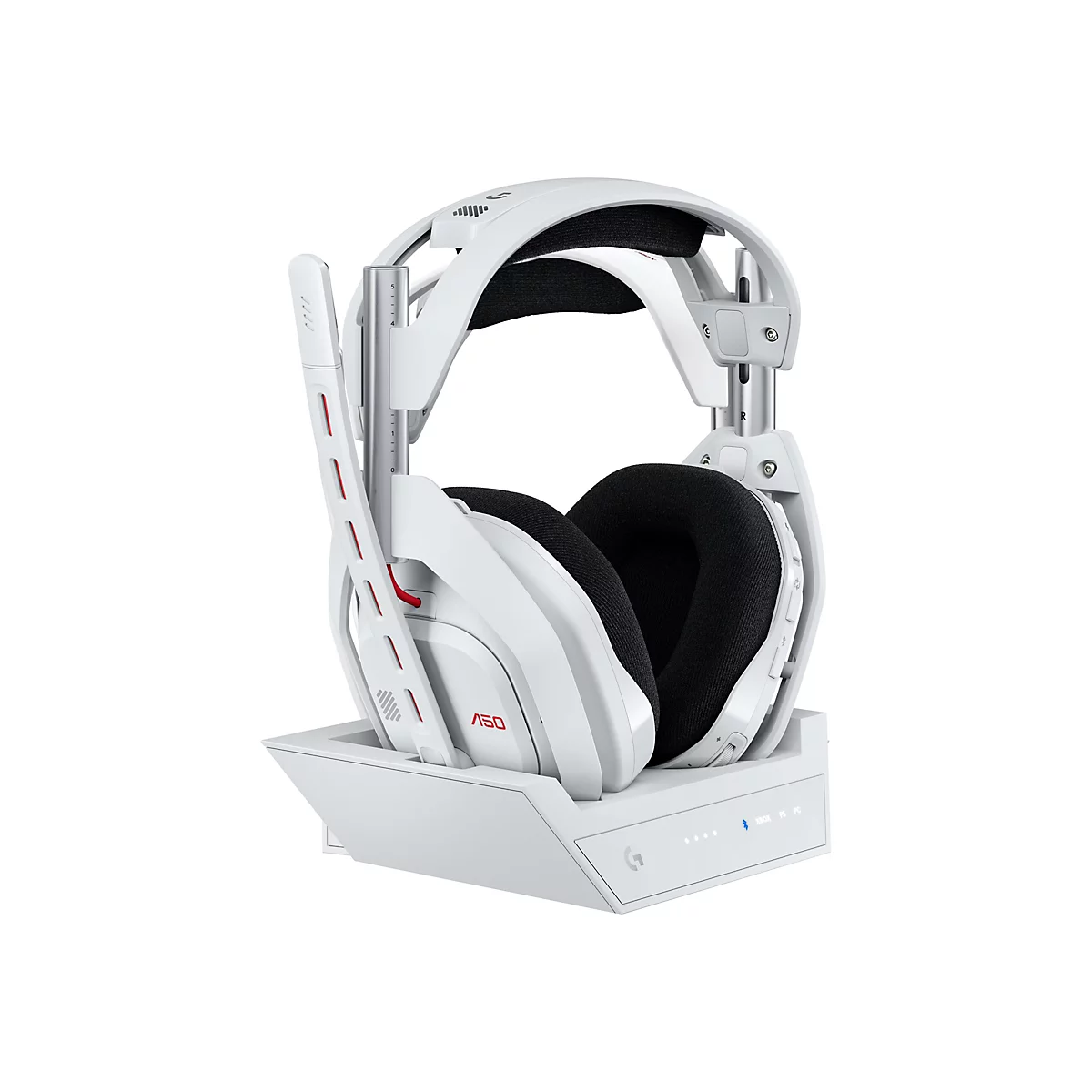 Weißes Gaming-Headset auf Ladestation, Details wie roter Akzent und Label "A50".