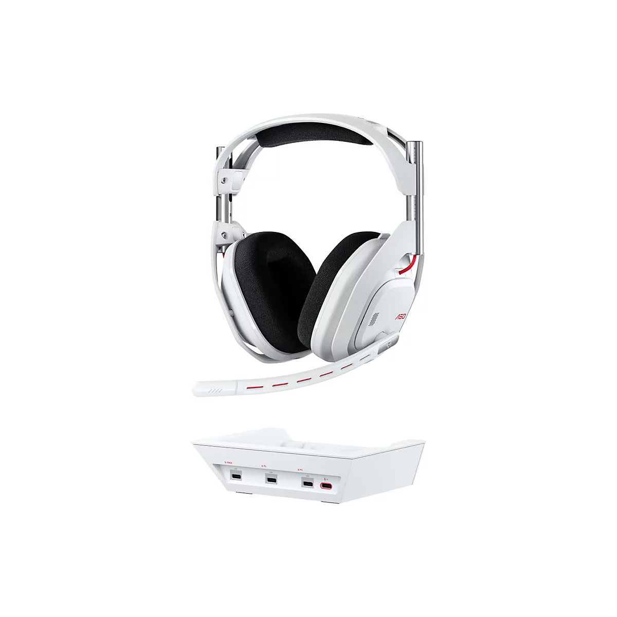 Weißes Gaming-Headset und Basisstation, Detailansicht. Schwarze Ohrpolster, roter Akzent am Mikrofon und Text. Basisstation mit Anschlüssen.