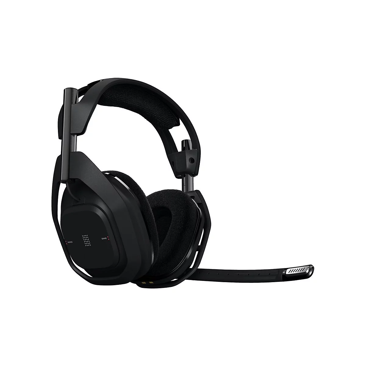 Schwarzes Headset mit Mikrofon. Beide Ohrmuscheln sind gepolstert, der BÃ¼gel ist verstellbar.