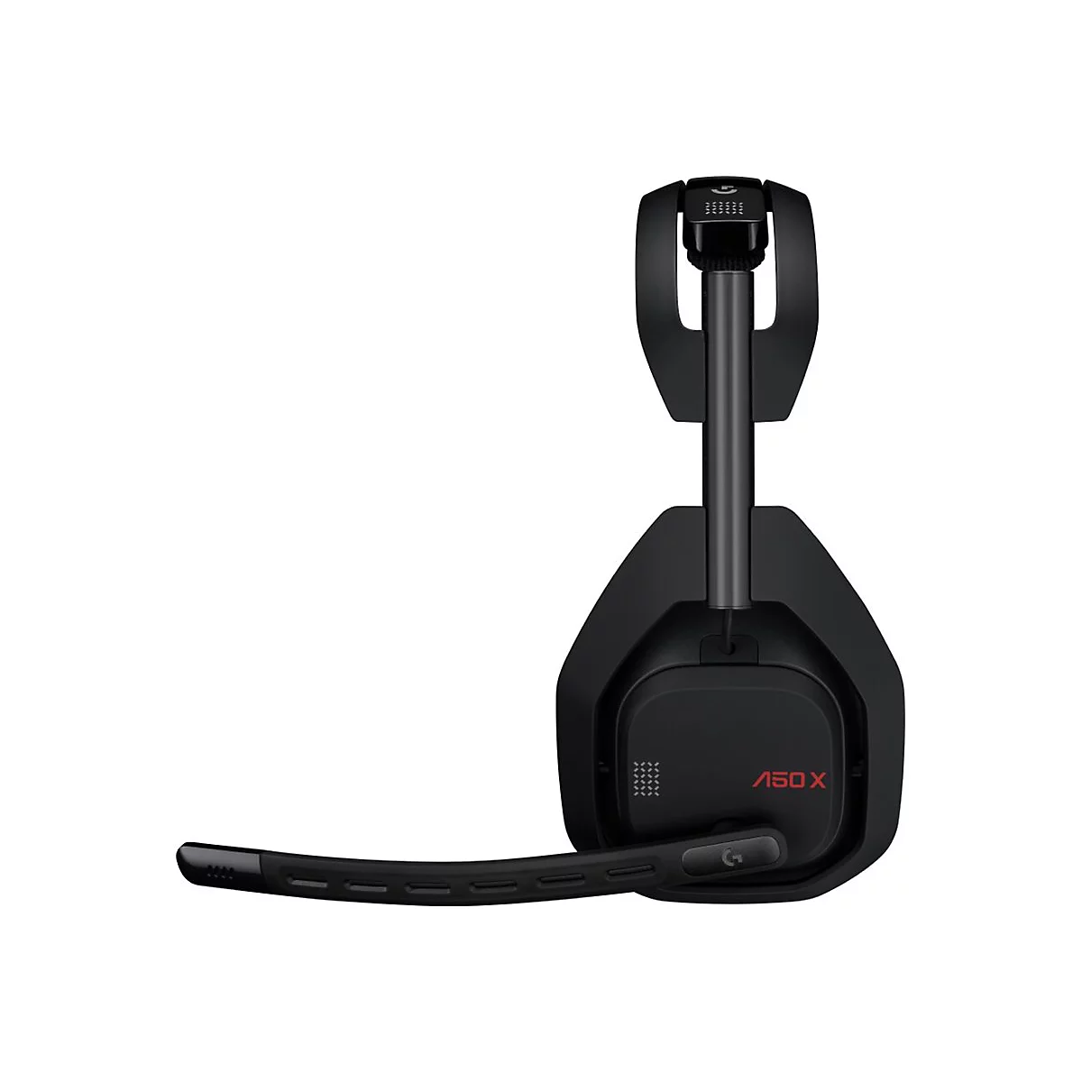 Schwarzes Gaming-Headset, Mikrofon nach unten, Logo. Hintergrund weiÃŸ.