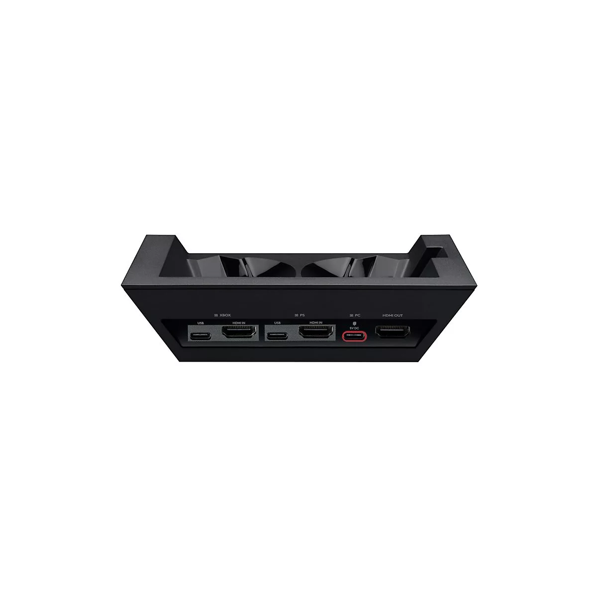Schwarze Dockingstation mit HDMI- und USB-AnschlÃ¼ssen.