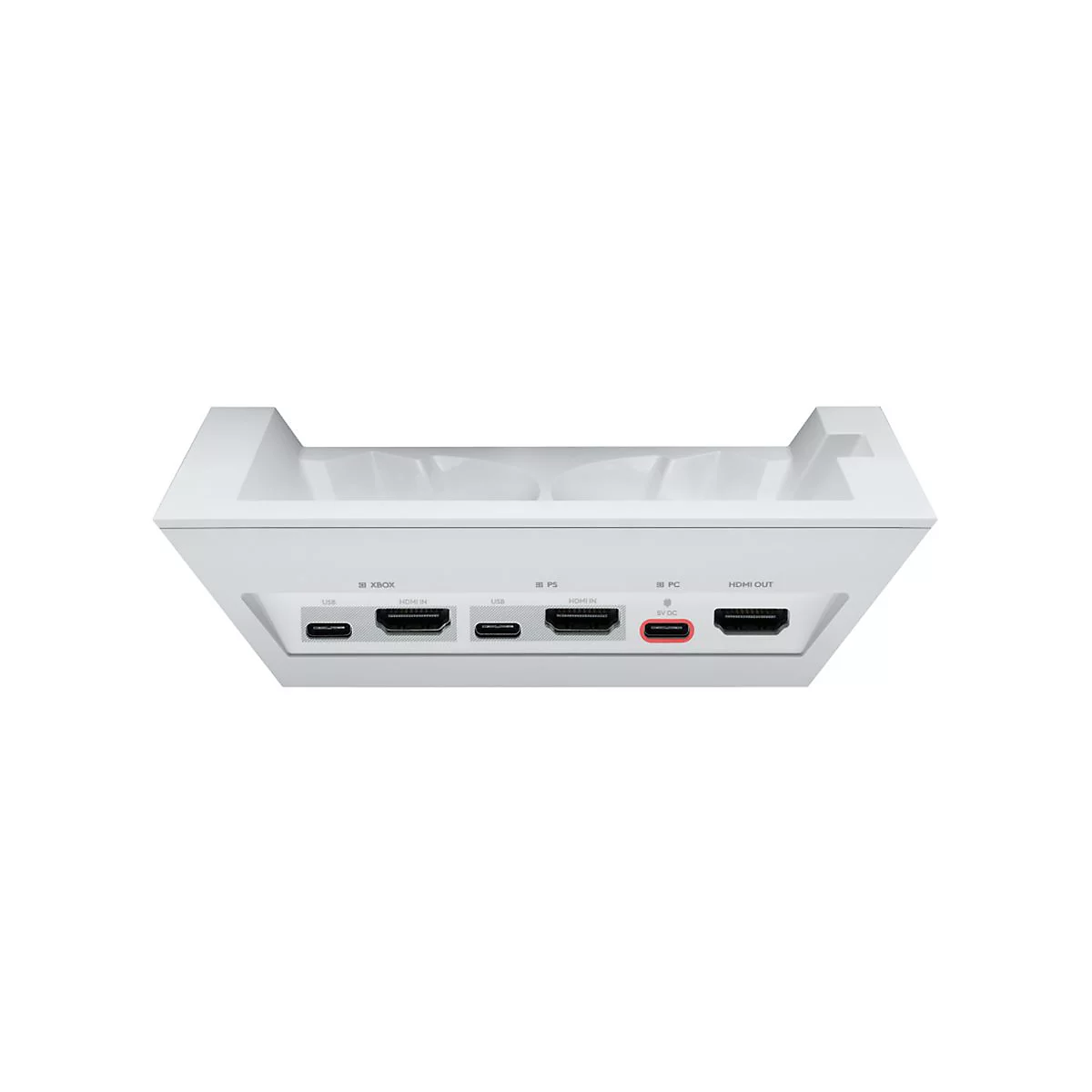 WeiÃŸe Konsole mit AnschlÃ¼ssen wie HDMI und USB. Roter Anschluss hervorstechend.