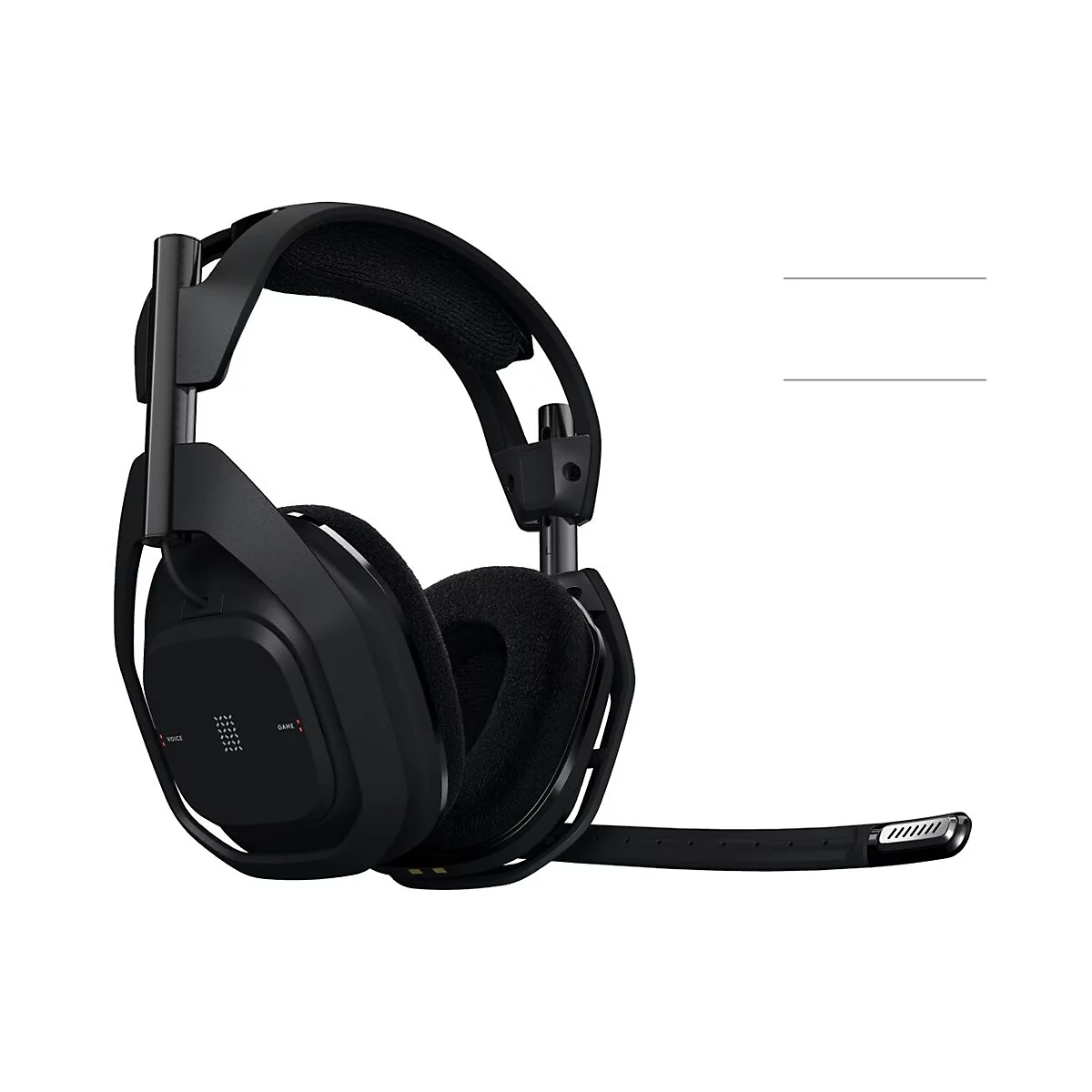 Schwarzes Gaming-Headset mit Mikrofon, Blick in SchrÃ¤gansicht, vor weissem Hintergrund.