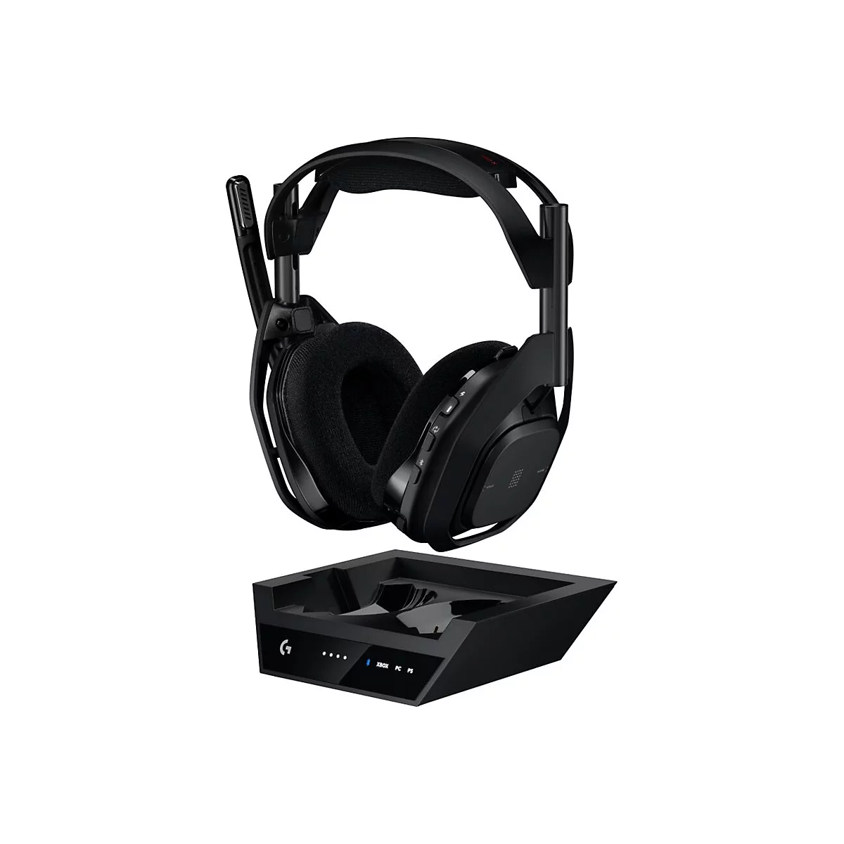 Schwarzes Gaming-Headset mit Ladeschale, auf weißem Hintergrund. Mit Mikrofon, Ohrmuscheln, und Knöpfen.