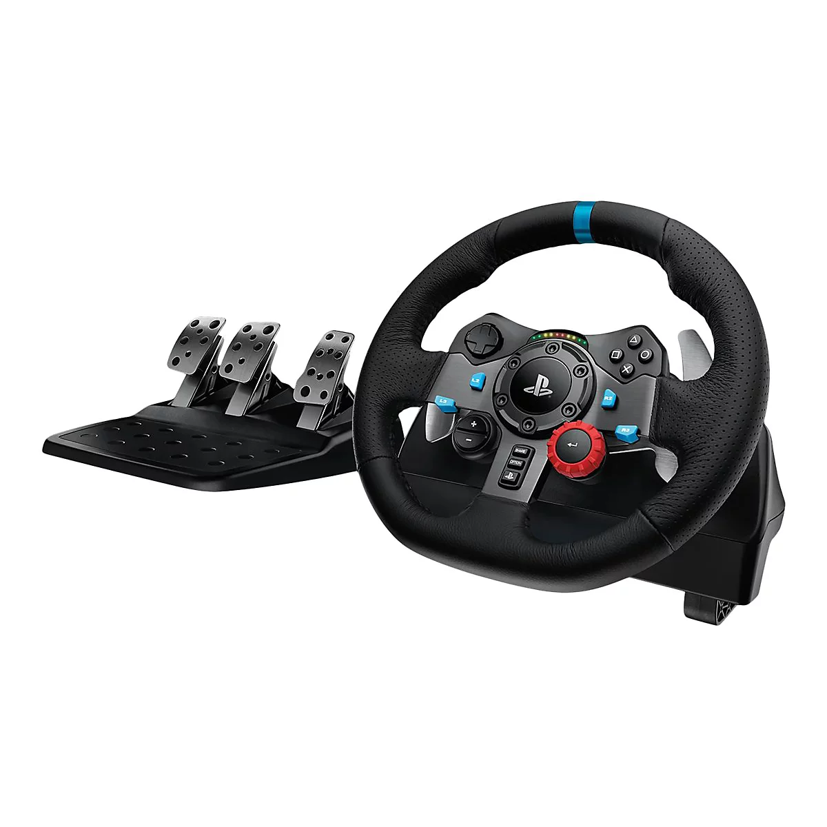 Ein schwarzes Lenkrad mit perforiertem Leder, Pedalset, blaue und rote Knöpfe.
