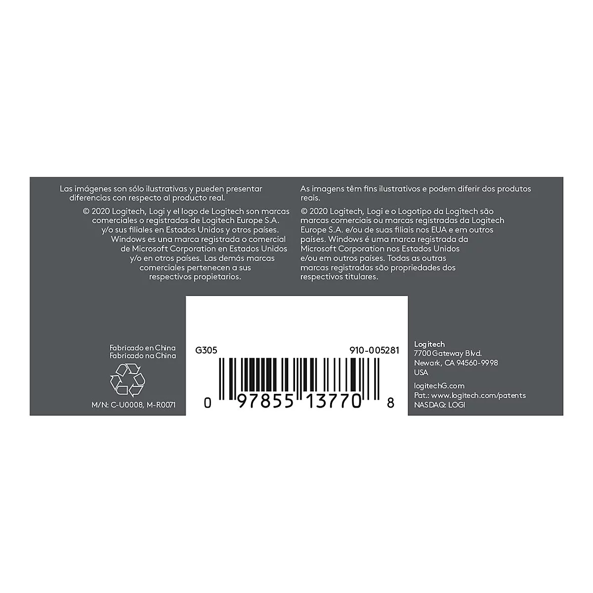 Eine graue Produktverpackung mit Barcode und Informationen. Text in verschiedenen Sprachen, darunter Englisch und Spanisch.