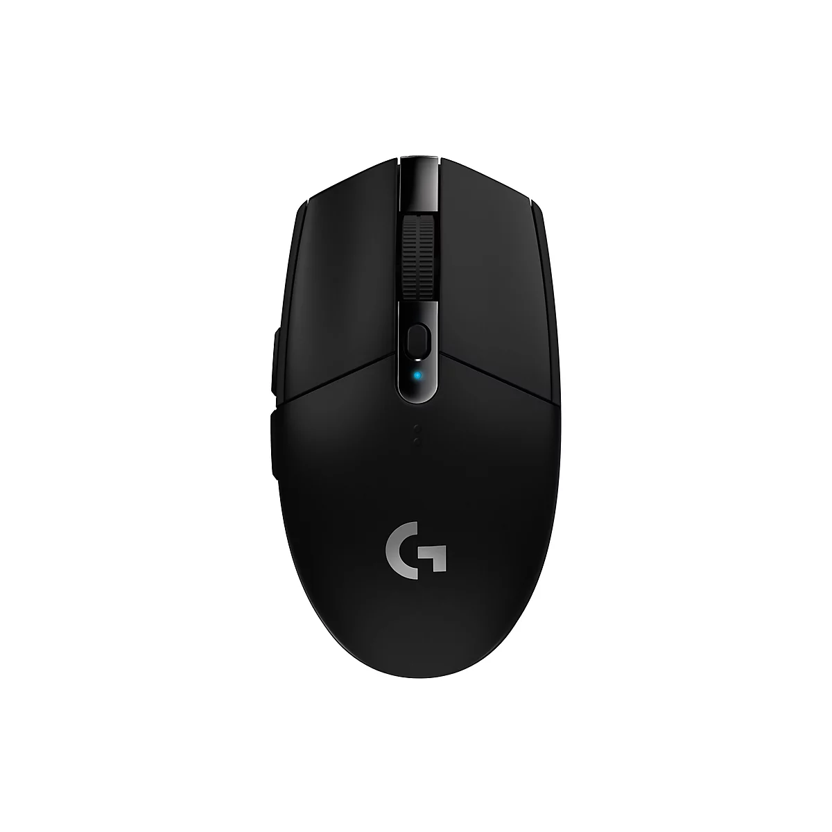Schwarze Gaming-Maus von oben, mit Rollrad, Logo 'G' und zwei Seitentasten.