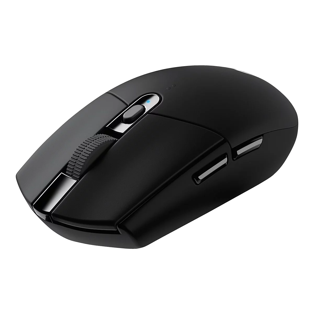 Schwarze Gaming-Maus mit Scrollrad, seitlichen Tasten und Logo.
