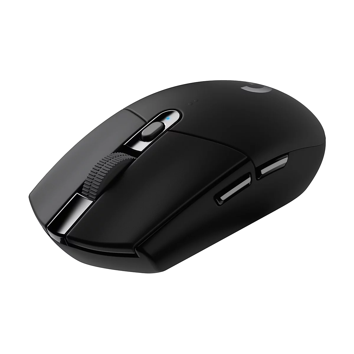 Schwarze Gaming-Maus mit Scrollrad, Seitentasten und Logo auf weiÃŸem Hintergrund.