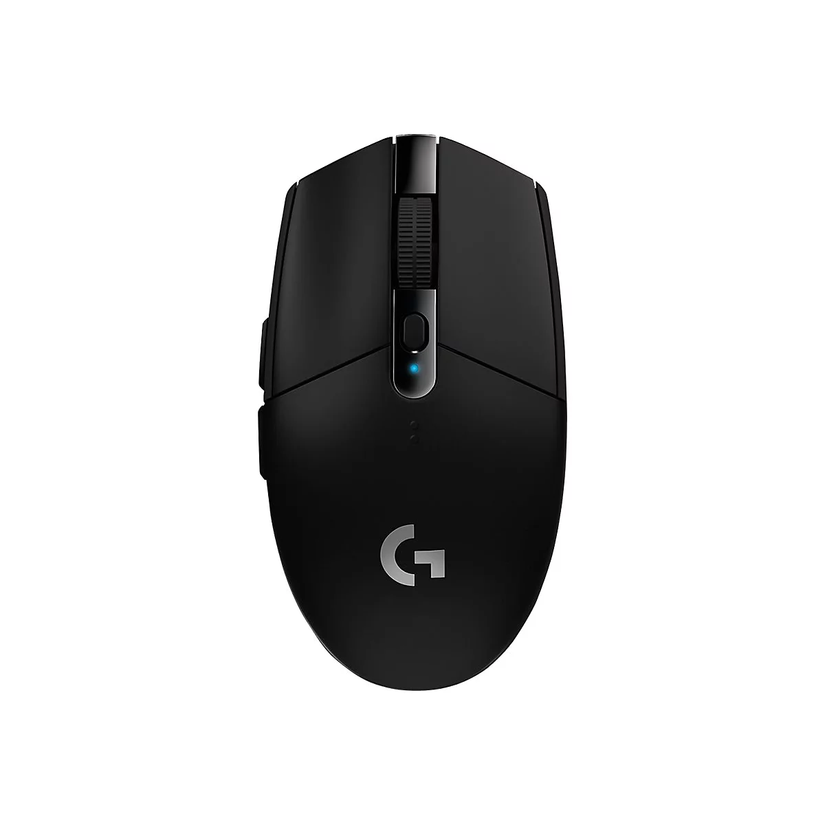 Schwarze Computermaus mit dem Logo 'G'. Obere HÃ¤lfte mit Scrollrad und KnÃ¶pfen.