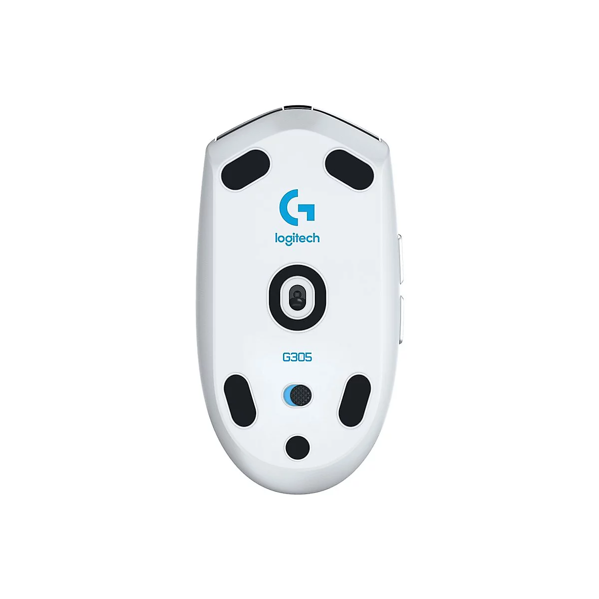 Die Unterseite einer weiÃŸen Logitech-Maus, mit schwarzen GleitfÃ¼ÃŸen und dem G305-Modellnamen.