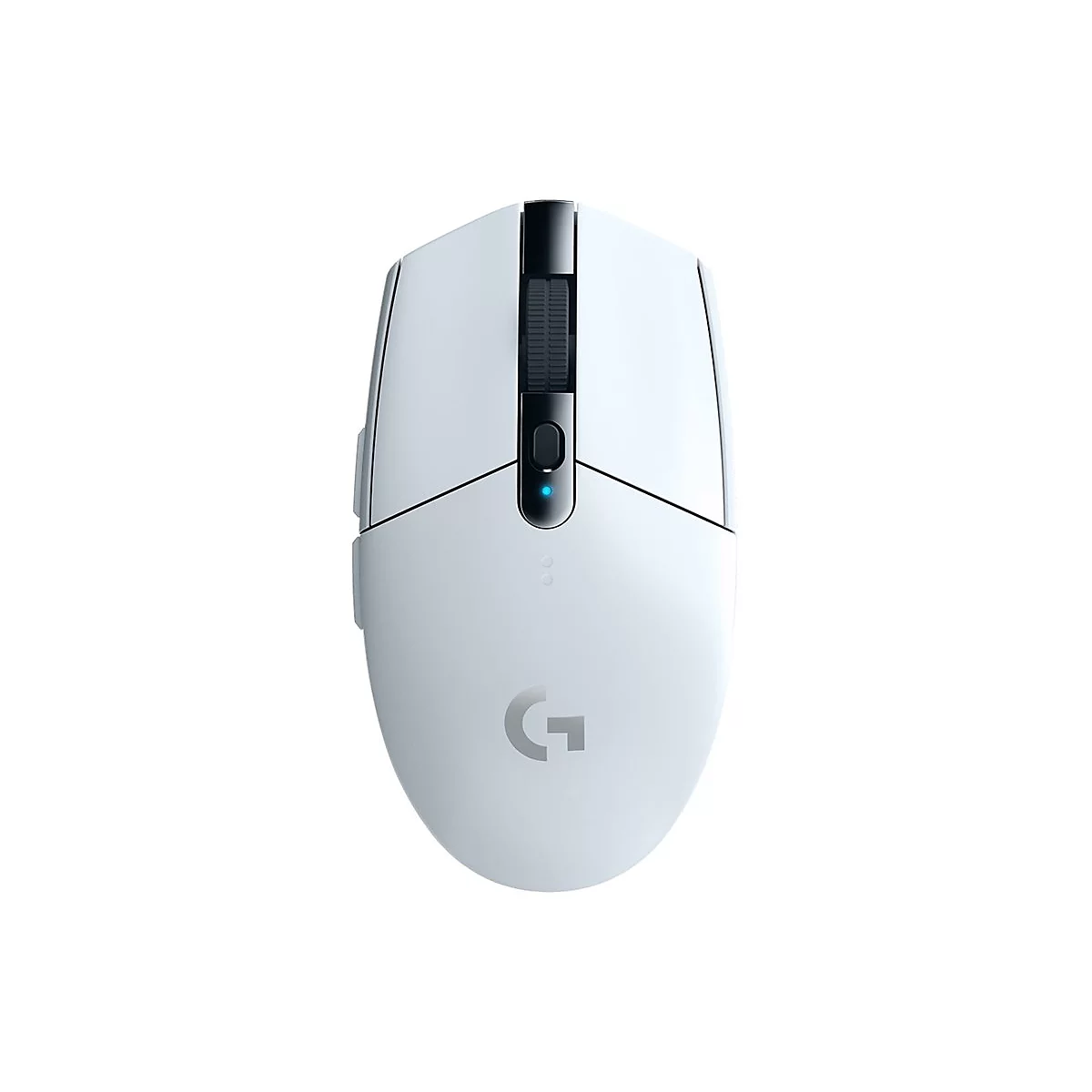 Weisse Computermaus mit schwarzem Scrollrad und seitlichen Tasten. Auf der Maus ist das Logo G zu sehen.