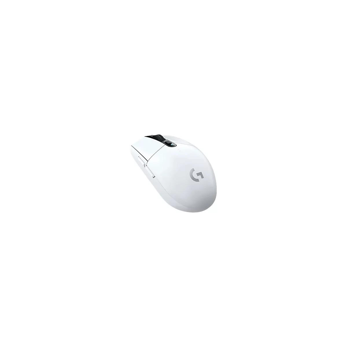 Weisse Computermaus von Logitech. Schwarzes Scrollrad und Logo.