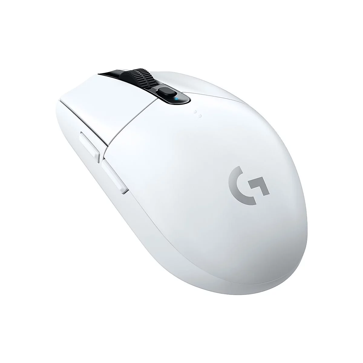 Weisse, kabellose Gaming-Maus von Logitech. Auf der Oberseite sind die Marke und eine Scrollrad sowie Seitentasten zu sehen.
