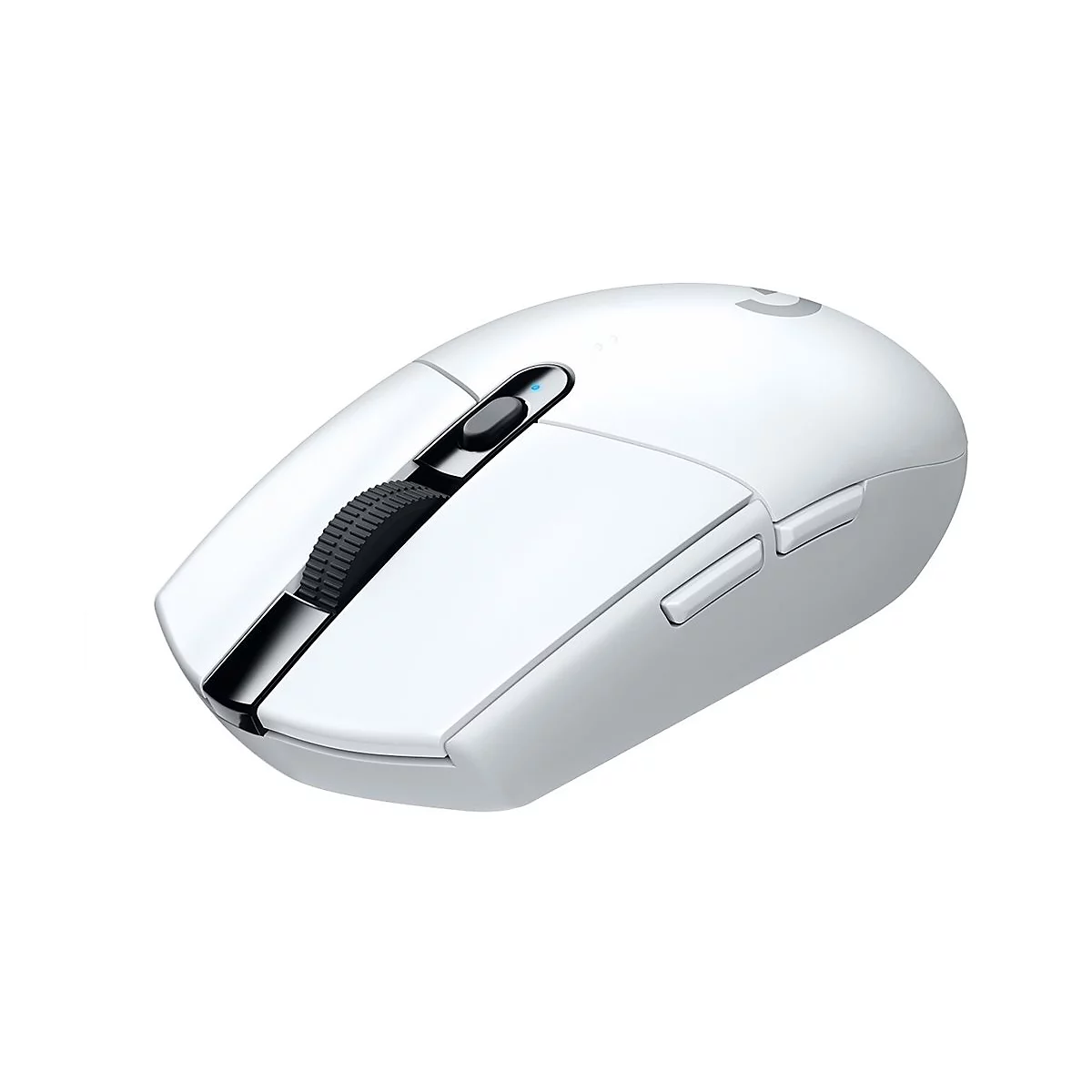 WeiÃŸe Gaming-Maus, mit Scrollrad und Seitentasten.