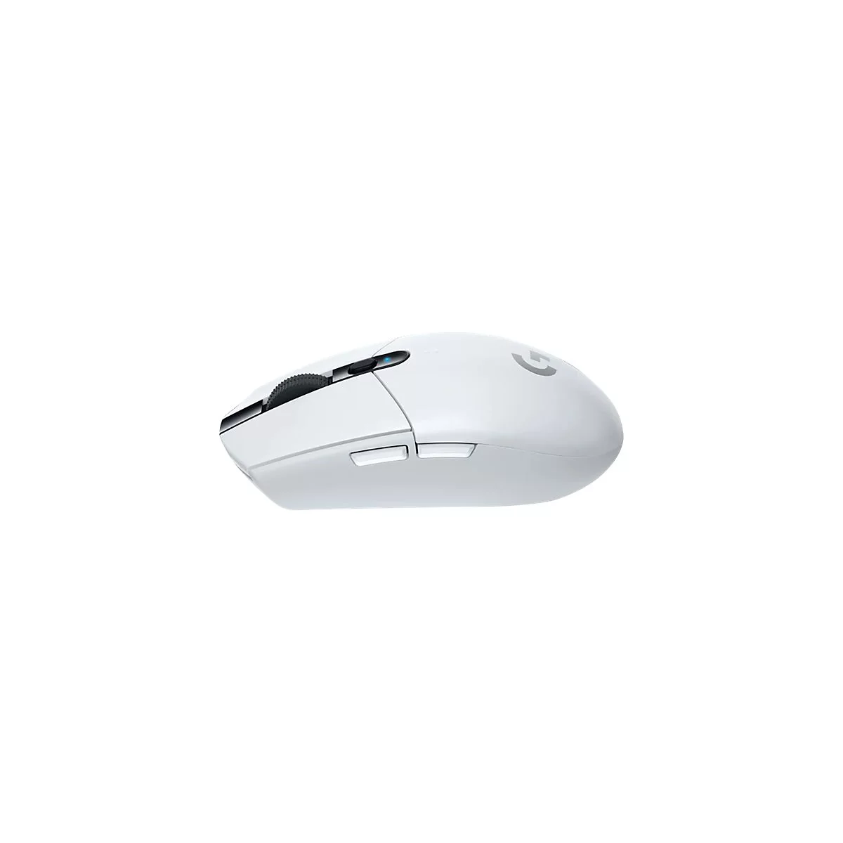 Eine weiÃŸe Computermaus. Oberseite mit Mausrad und Markentlogo.