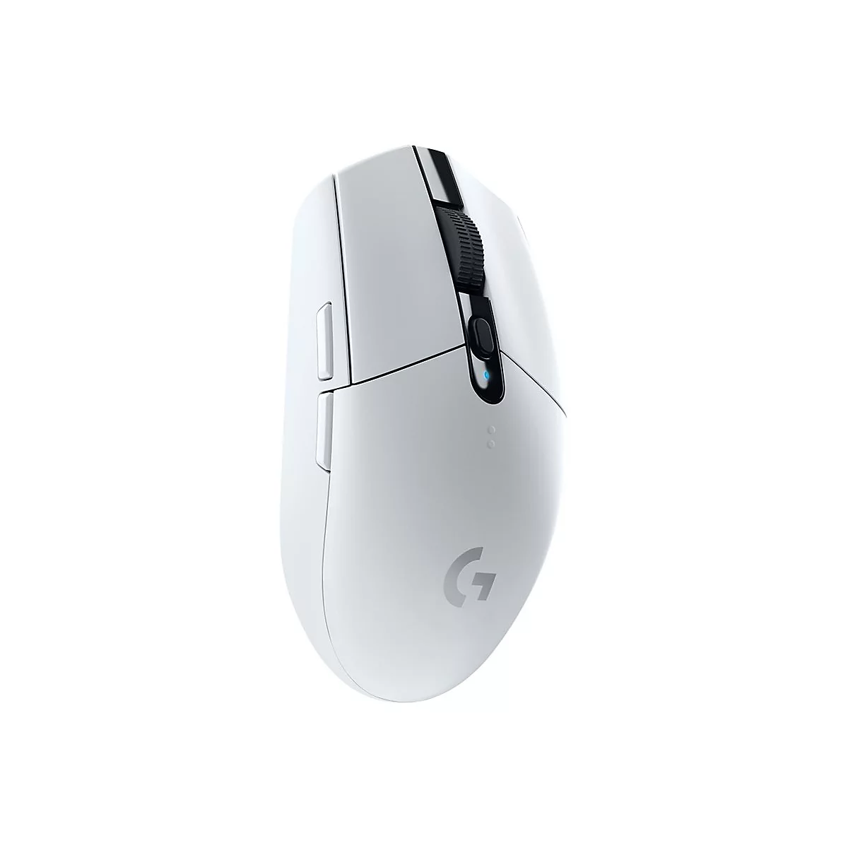 Weisse Gaming-Maus mit schwarzem Mausrad und seitlichen Tasten, Logo 'G' unten.