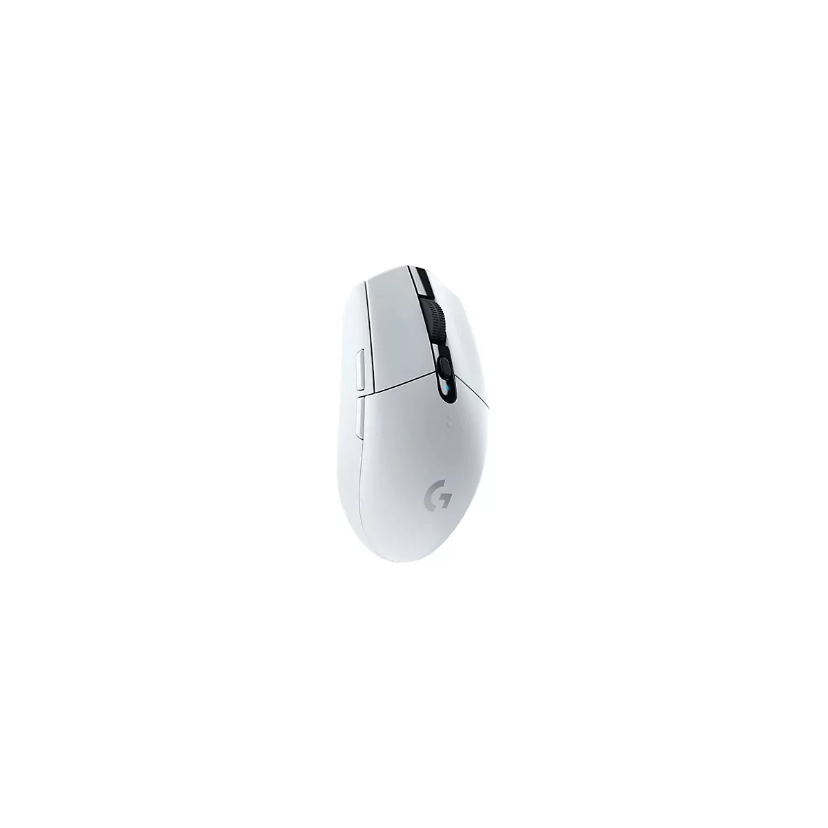 Weisse, kabellose Computermaus mit einem Scrollrad, zwei KnÃ¶pfen und einem G-Logo.