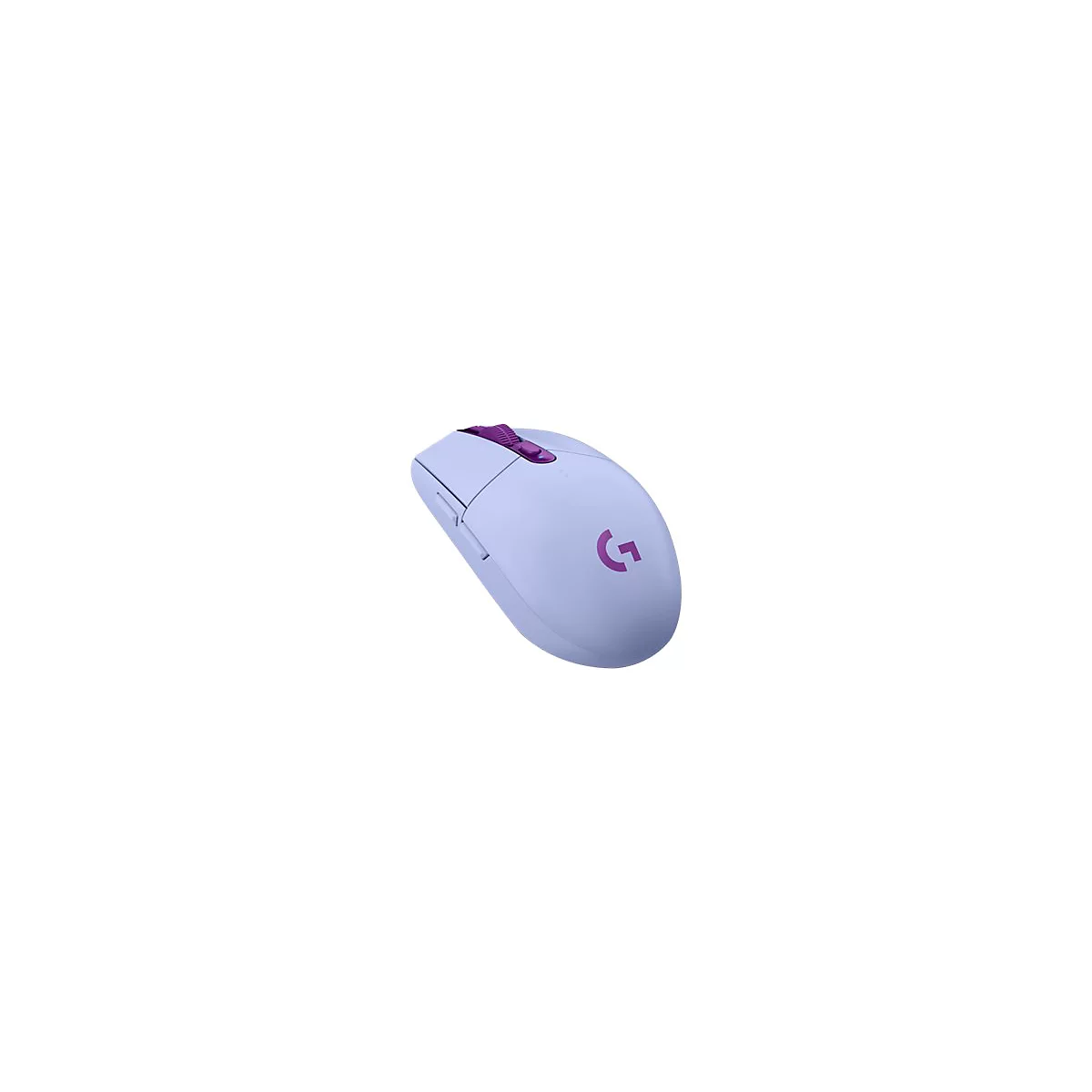 Hellblau-violette Maus. Oben lila Mausrad. Lilla Logo auf der Maus.