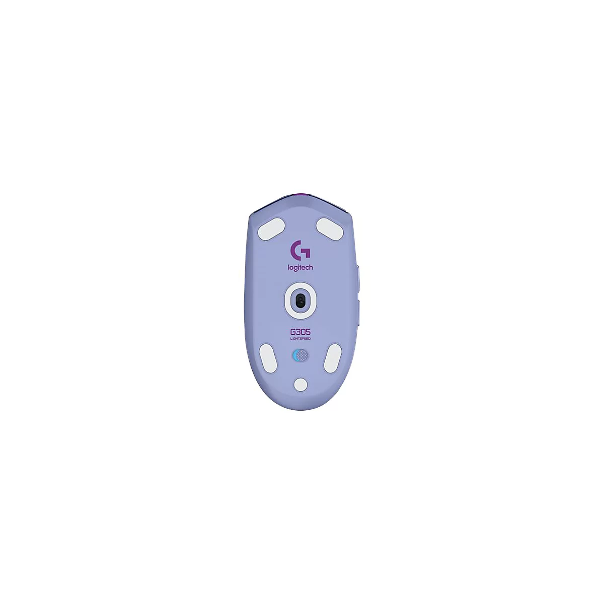 Hellblauer Gaming-Maus-Unterseite, weiÃŸe Pads, Logitech-Logo, Text G305 LIGHTSPEED.