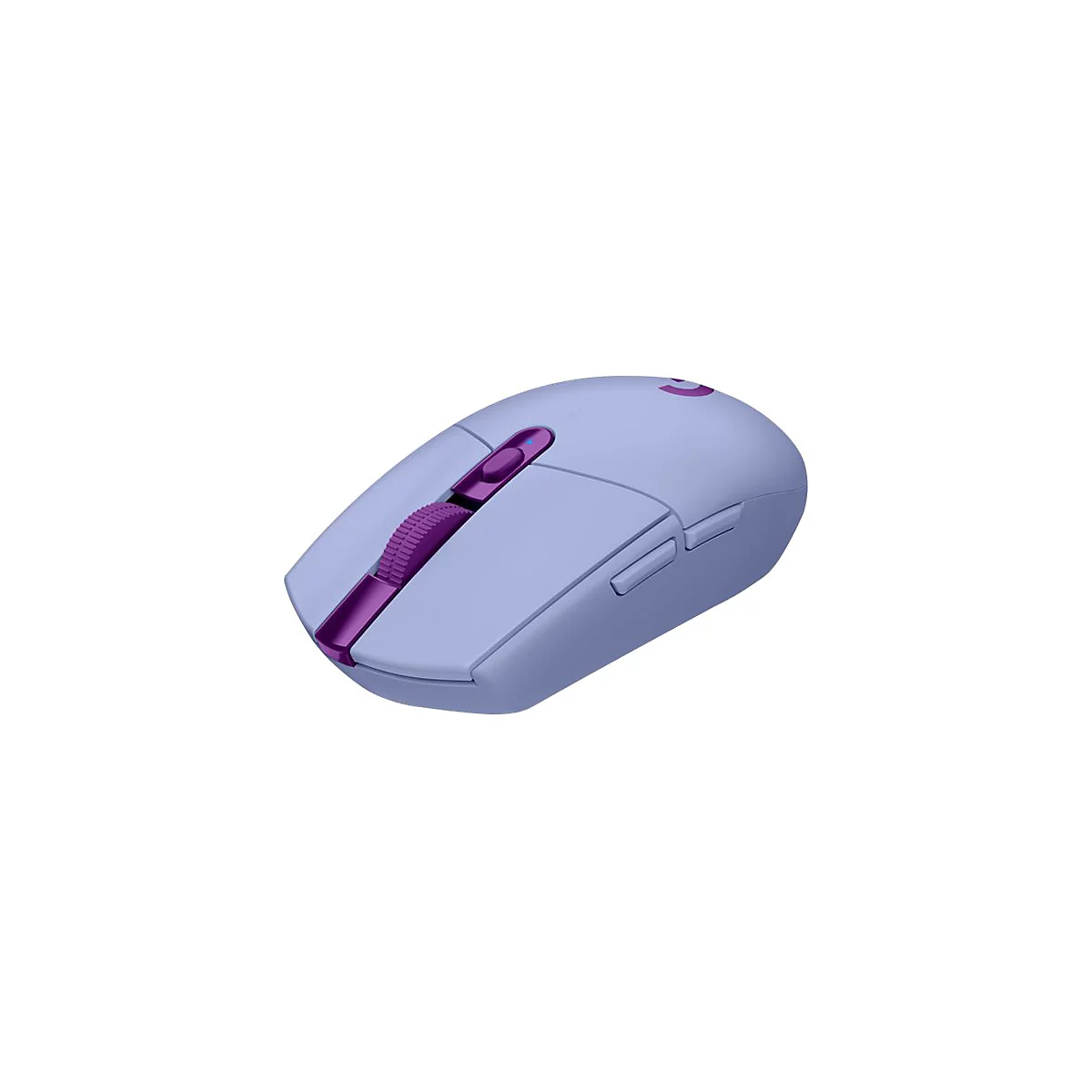 Hellblau-violetter Gaming-Maus. Lila Scrollrad und Akzente, zwei Tasten an der Seite, Logo auf der Oberseite.