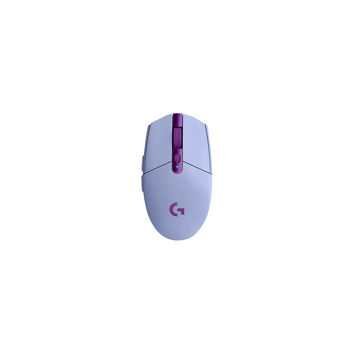 Hellblauer Gaming-Maus, mit lila Akzenten. Das Logitech Logo ist in Lila abgebildet.