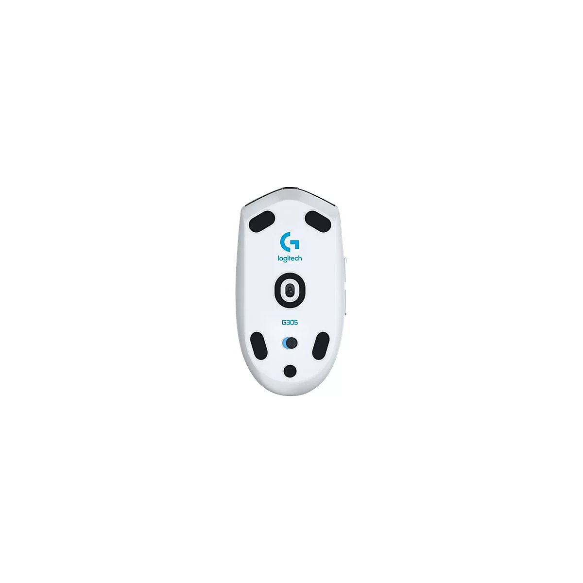 WeiÃŸe Gaming-Maus, Unterseite: Logitech-Logo, G305-Modell, schwarze Pads.