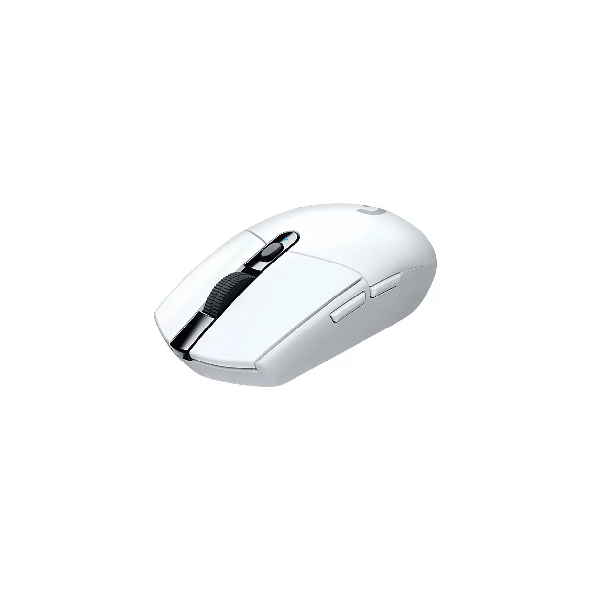 WeiÃŸe Computermaus mit Scrollrad und zwei Seitentasten. Das Logo ist auf der Mausoberseite zu sehen.