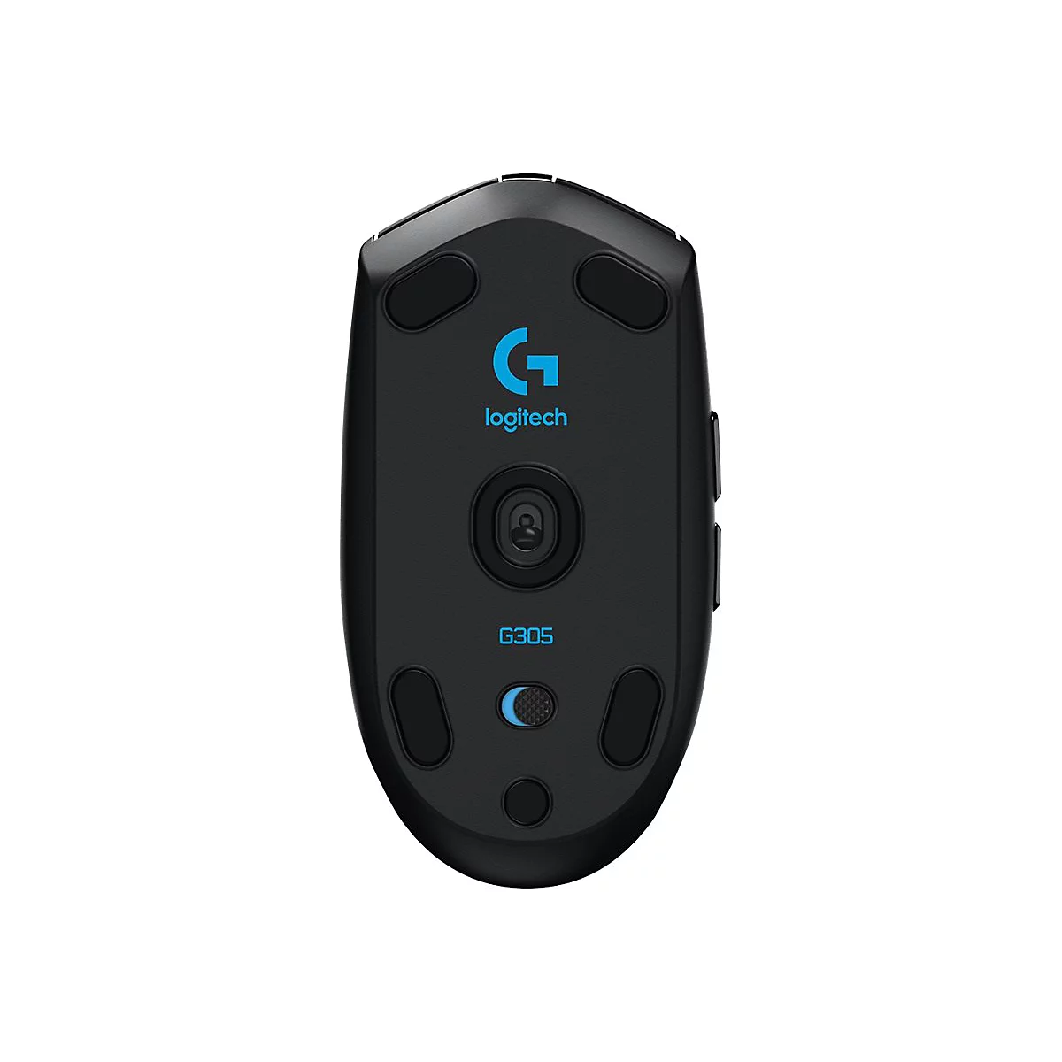 Schwarze Gaming-Maus von Logitech. Auf der Unterseite befinden sich Knöpfe und Logos.