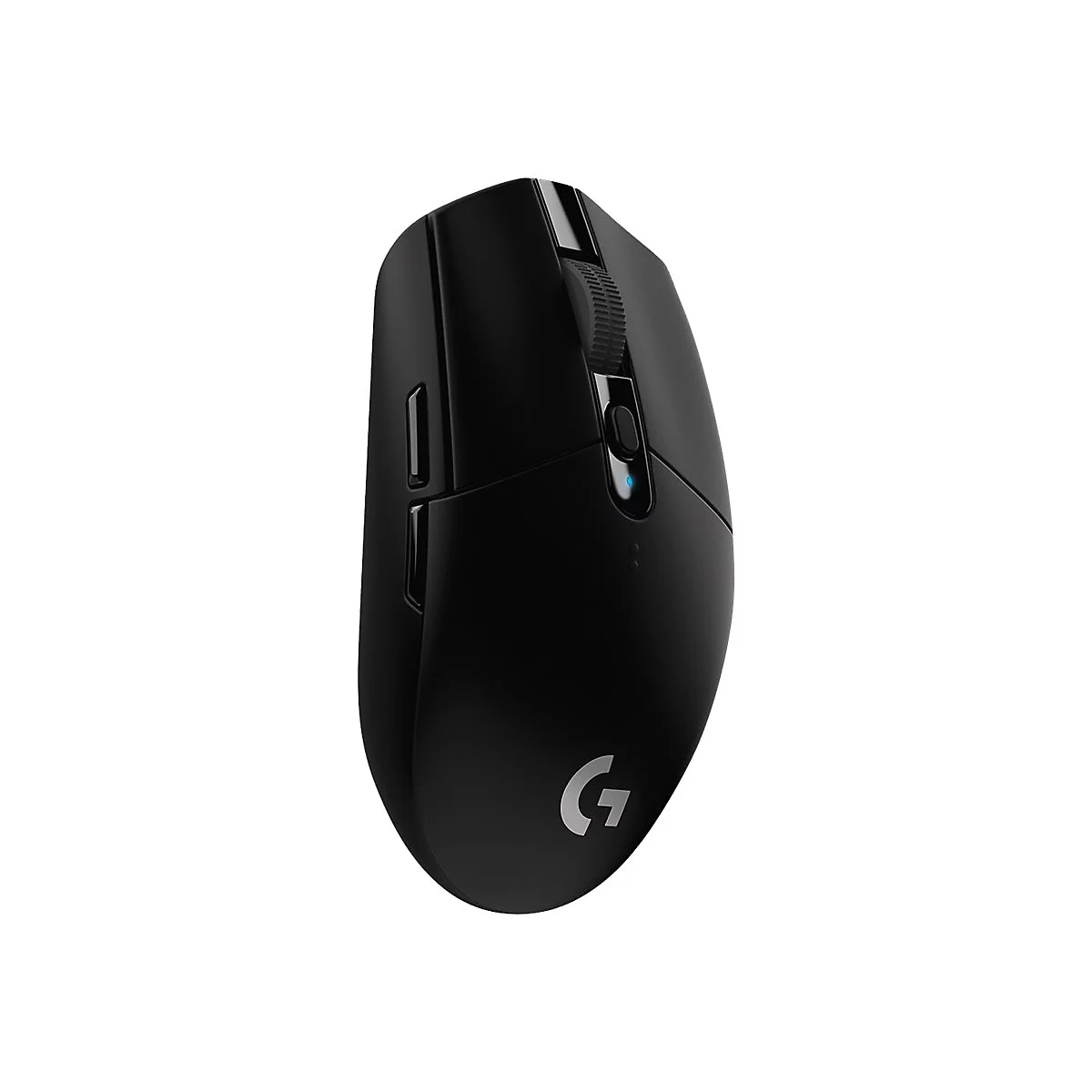 Schwarze Computermaus, Logitech G-Logo, Scrollrad und Seitentasten.
