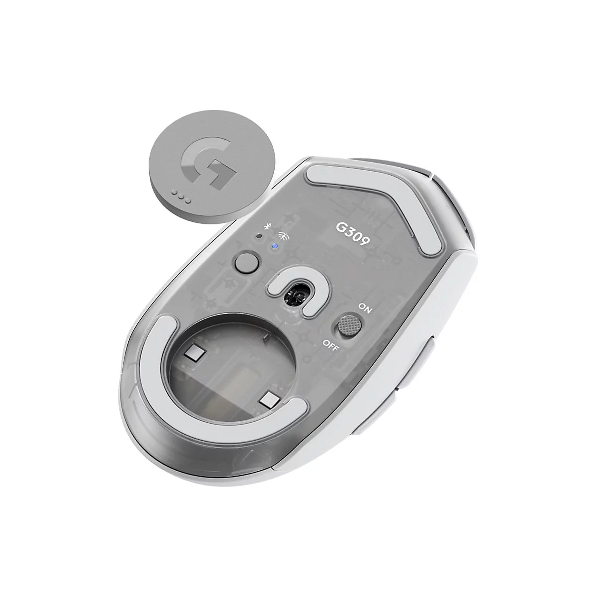 Drahtlose Maus, weiß-grau mit transparentem Unterteil. Ein rundes, graues Logo-Element schwebt daneben.