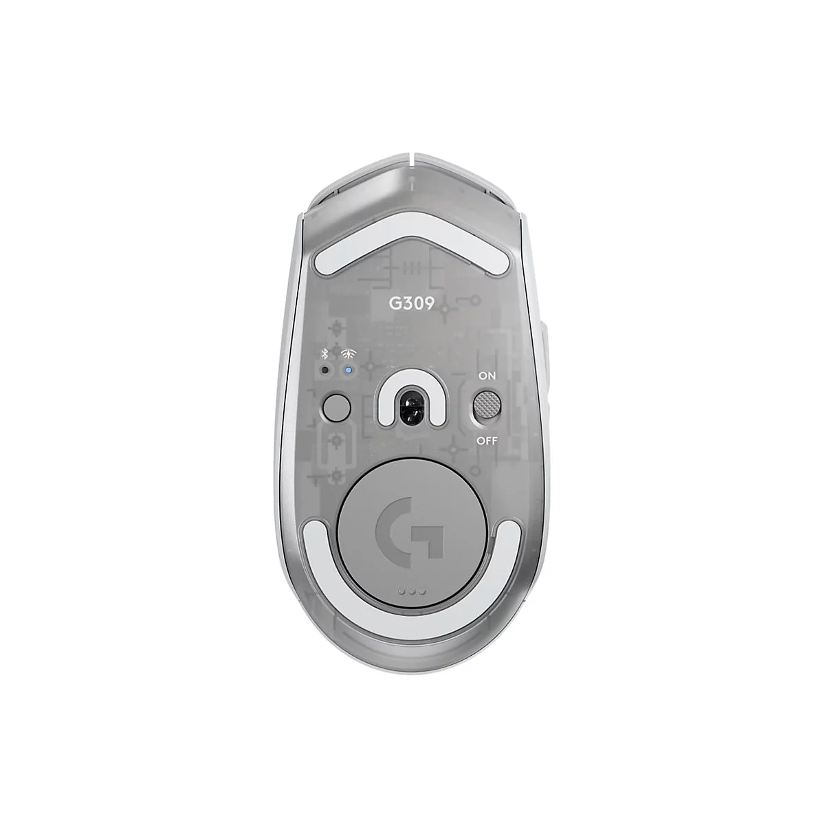 Draufsicht einer grauen Gaming-Maus. Auf der Unterseite sind das Markenlogo und die Beschriftung G309 zu sehen.