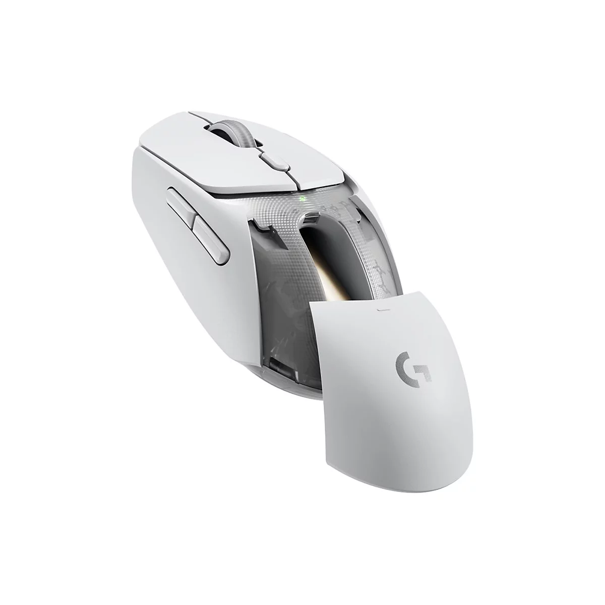 Weisse Logitech-Maus mit geÃ¶ffneter Abdeckung, Innenleben sichtbar. G-Logo auf der Abdeckung.