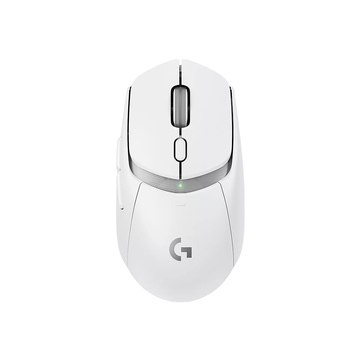Draufsicht auf eine weiÃŸe Computermaus mit Scrollrad, KnÃ¶pfen und G-Logo.