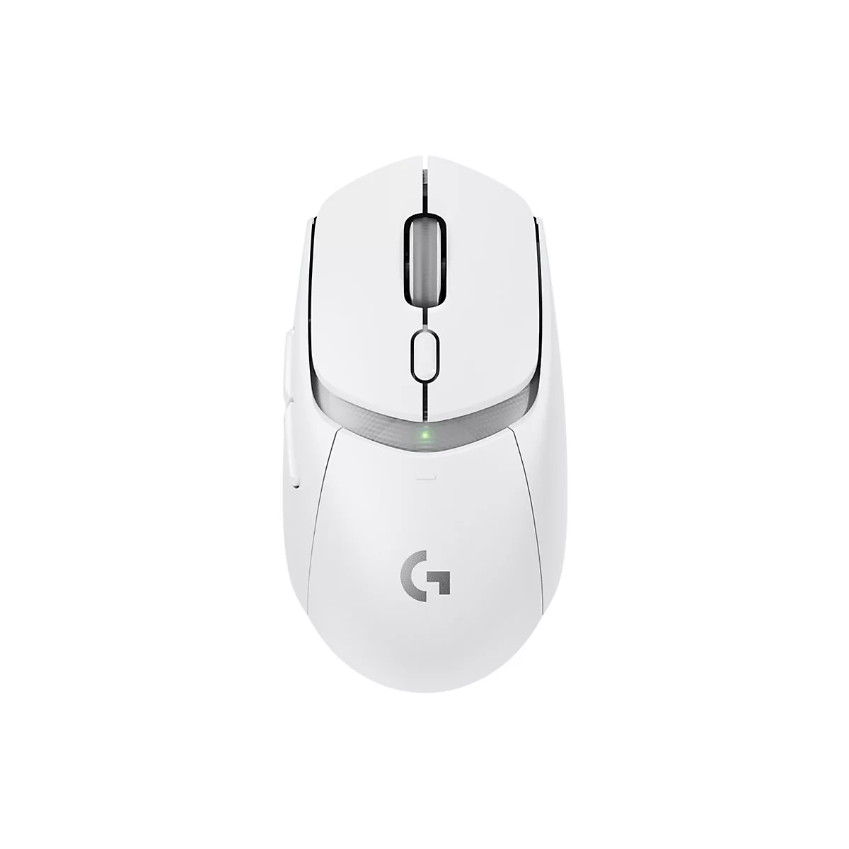 Draufsicht auf eine weiÃŸe Computermaus. Das Logo 'G' ist sichtbar.