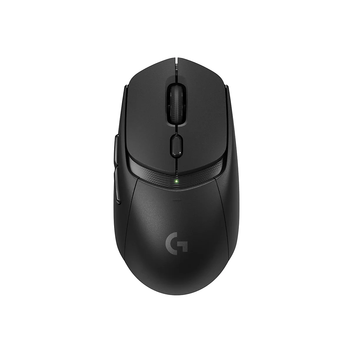 Draufsicht auf eine schwarze Computermaus mit Scrollrad, Logo und Seitentasten.