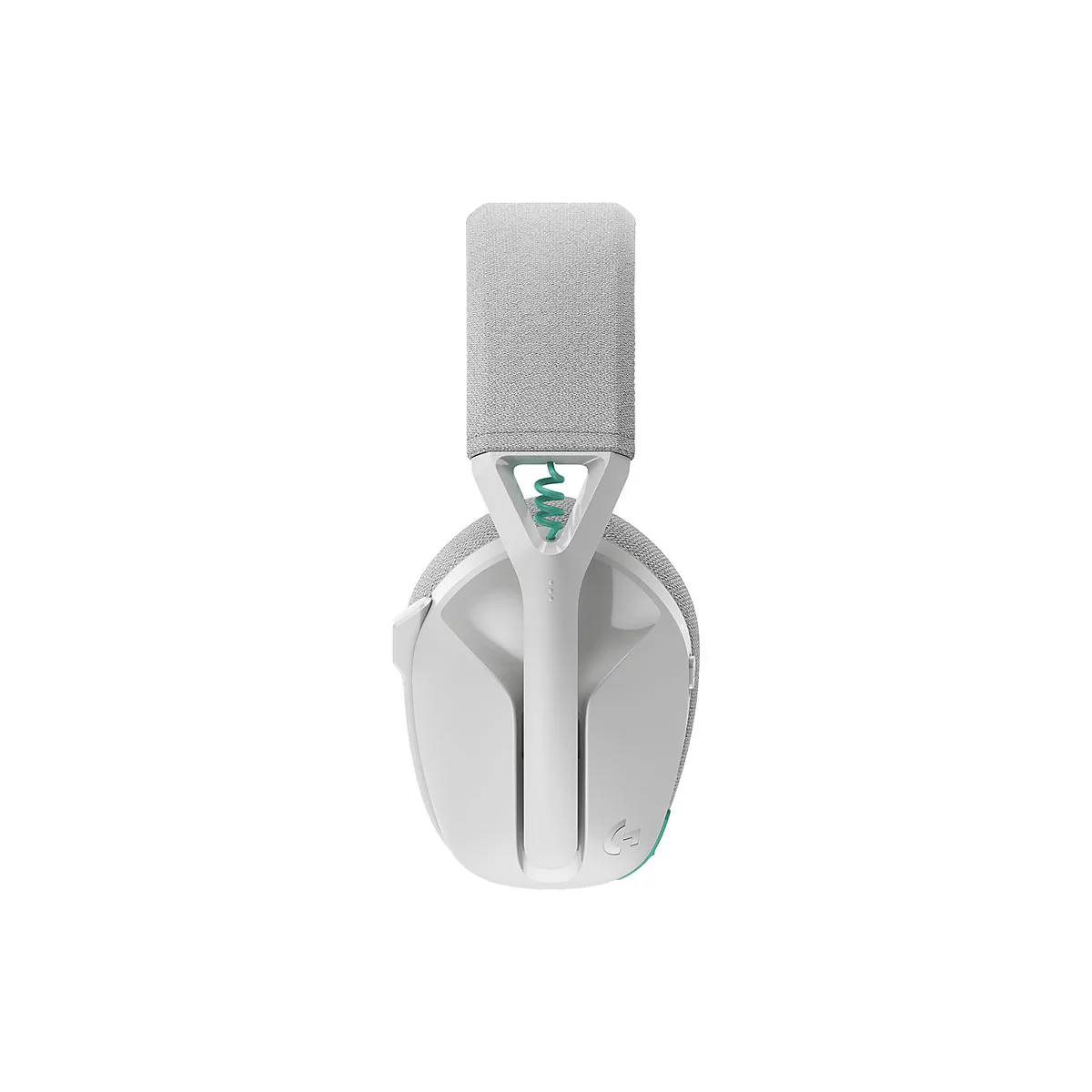 Hellgraues Headset, weiß, mit türkisfarbenen Akzenten. Der Bügel ist gepolstert, das Logo ist auf der Seite.