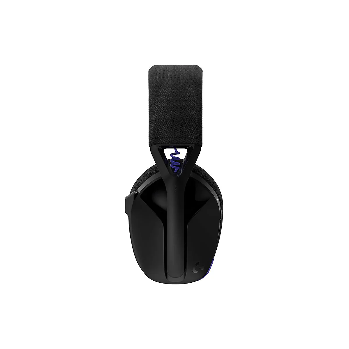 Schwarzes Gaming-Headset auf weißem Hintergrund, Detailansicht. Der Kopfbügel ist mit Stoff bezogen. Blaue Akzente.