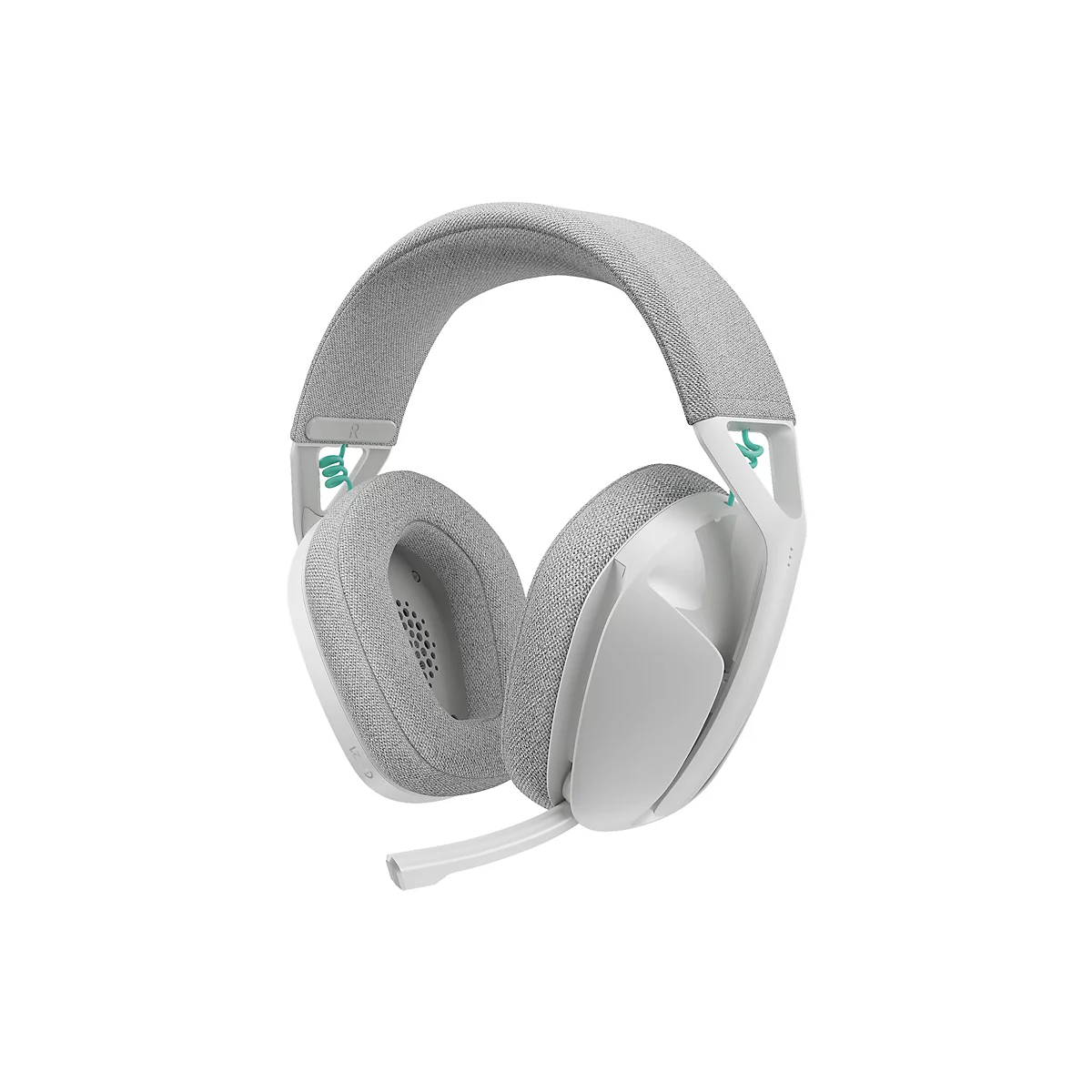 Hellgraues Headset auf weißem Hintergrund. Der Kopfbügel und die Ohrmuscheln sind mit Stoff bespannt. Ein Mikrofon ist am linken Hörer angebracht.