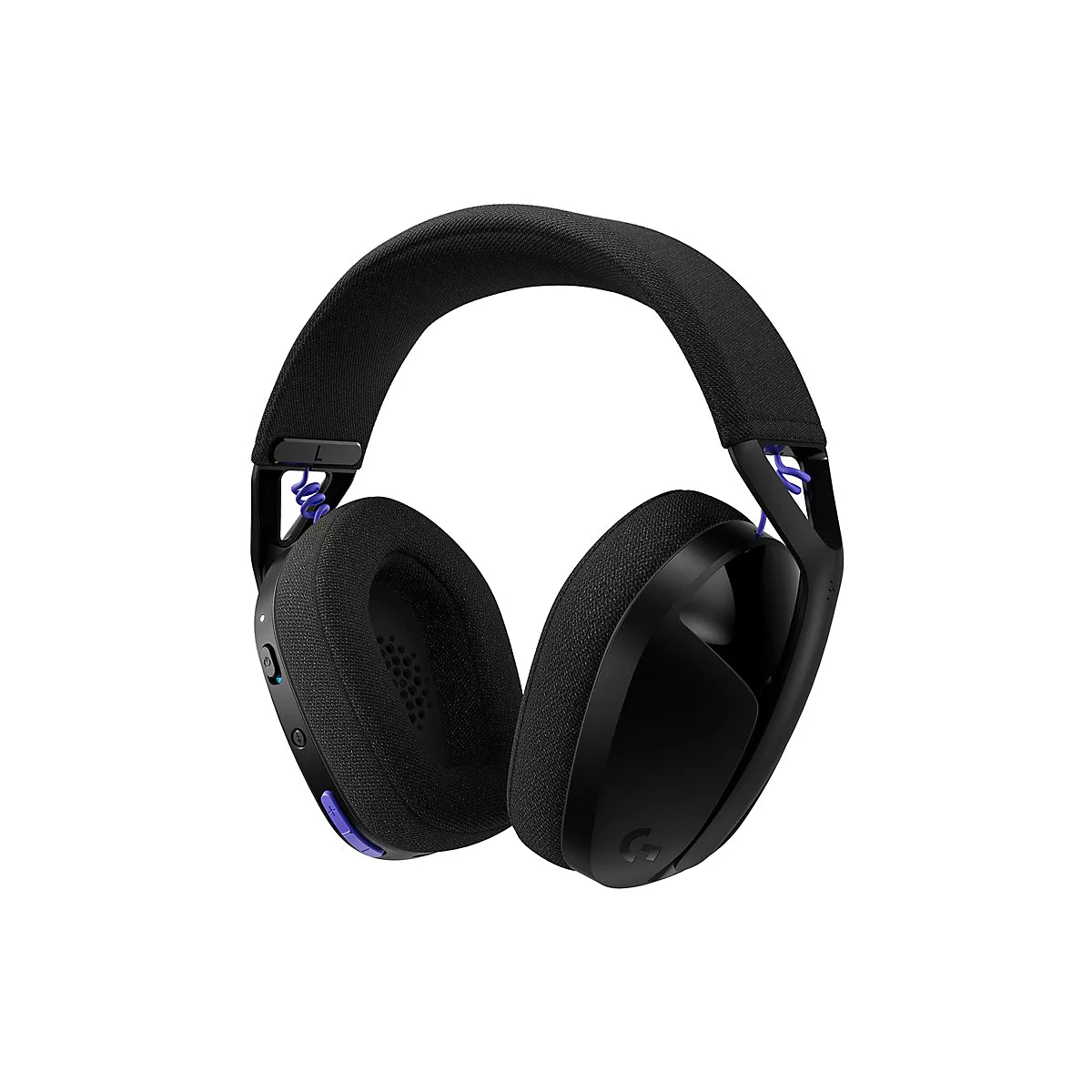 Schwarzes Gaming-Headset, blaue Akzente, weißer Hintergrund. Logo.