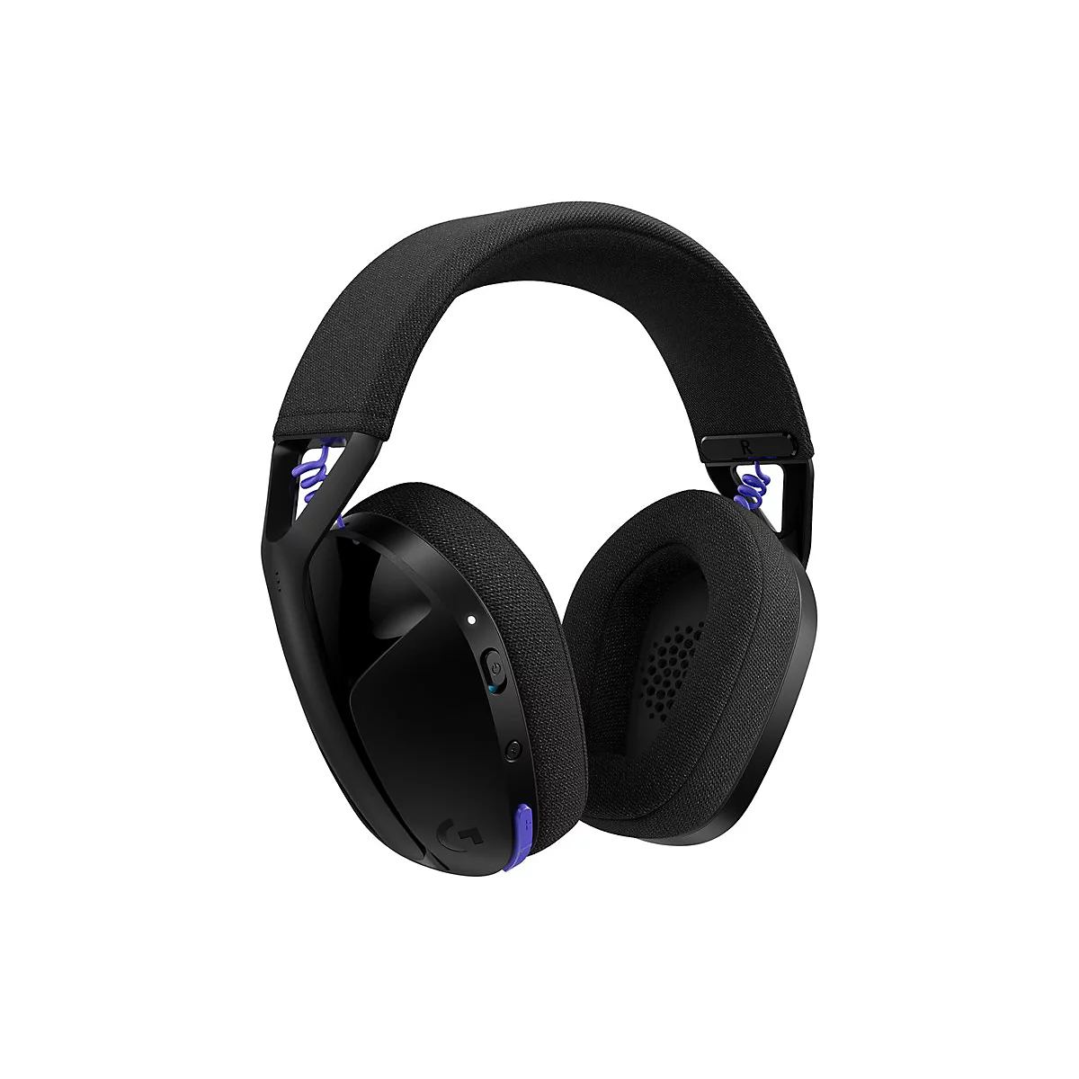 Schwarzes Gaming-Headset mit blauen Akzenten, Nahaufnahme vor weißem Hintergrund.