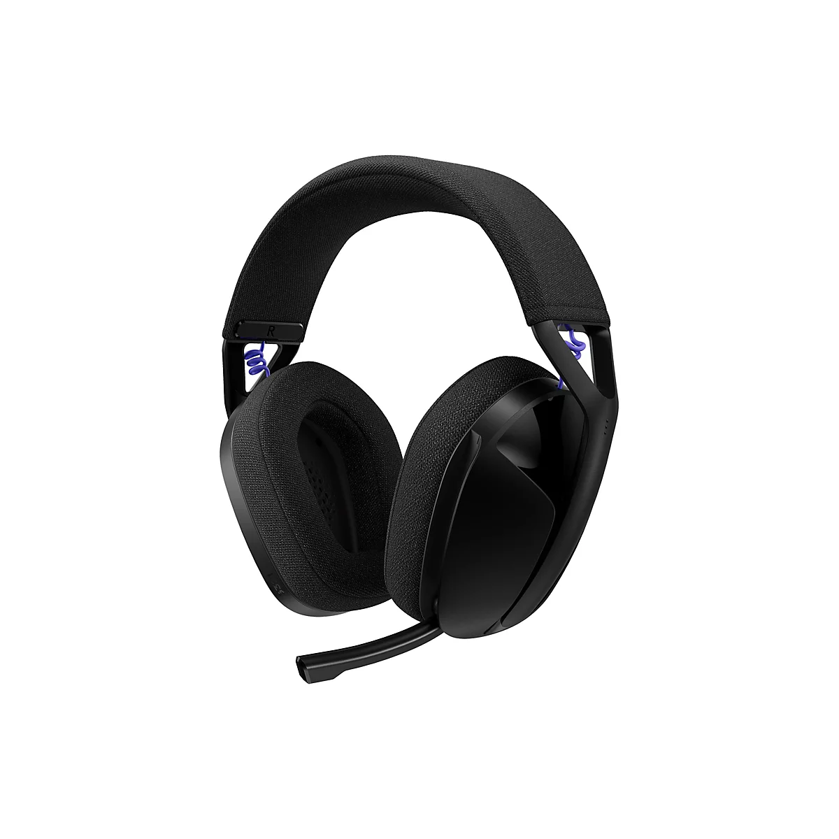 Schwarzes Gaming-Headset auf weißem Hintergrund, seitliche Ansicht.