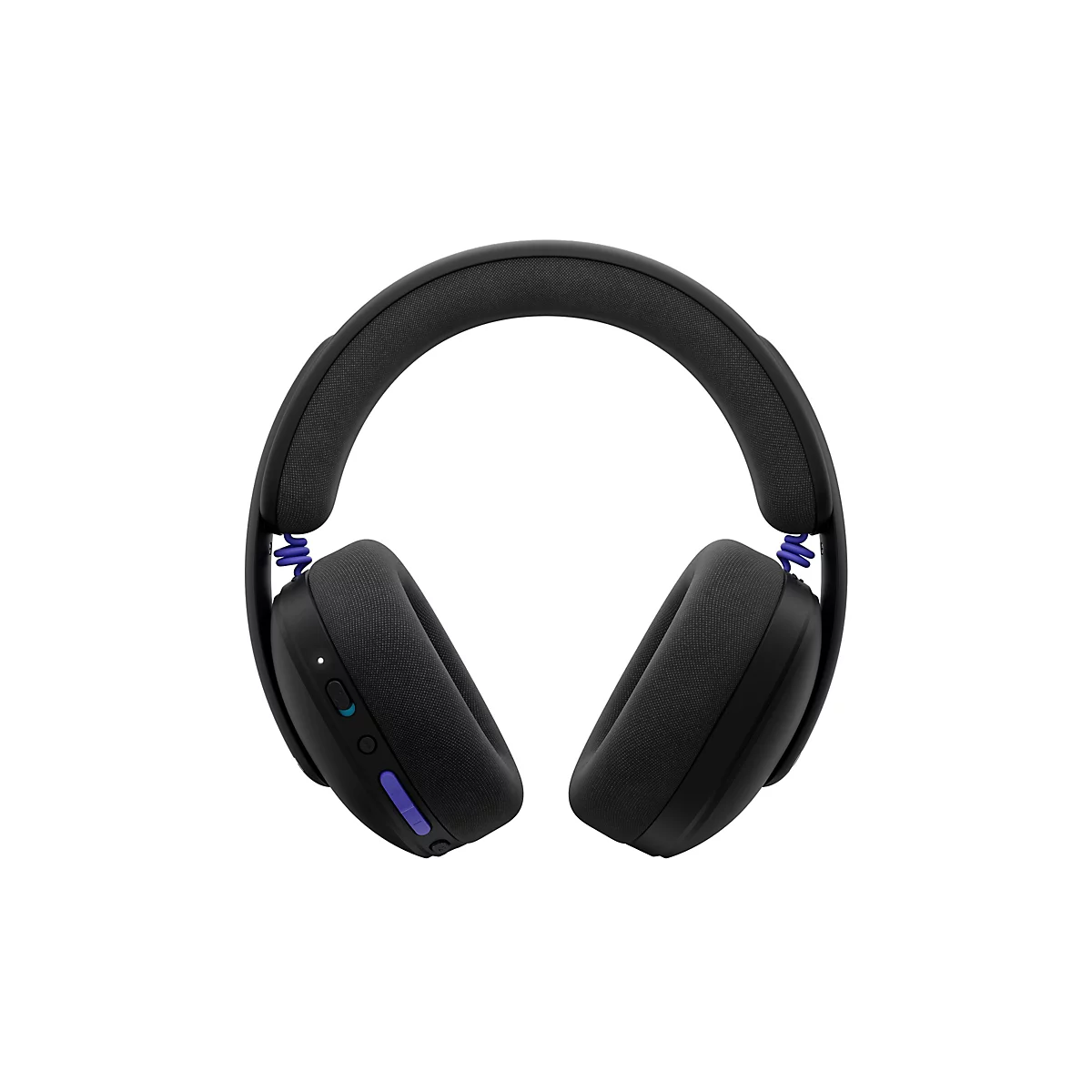 Schwarze kabellose Over-Ear-Kopfhörer mit blauem Spiralkabel und seitlichen Bedienknöpfen auf weißem Grund.
