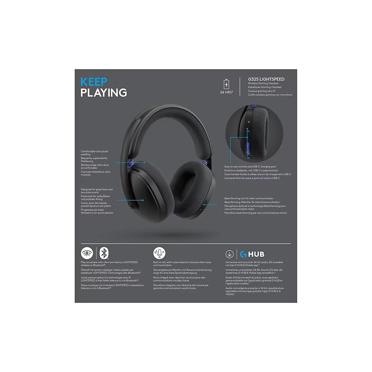 Schwarzes Logitech G325 Gaming-Headset mit Beschriftung der technischen Funktionen auf grauem Hintergrund.