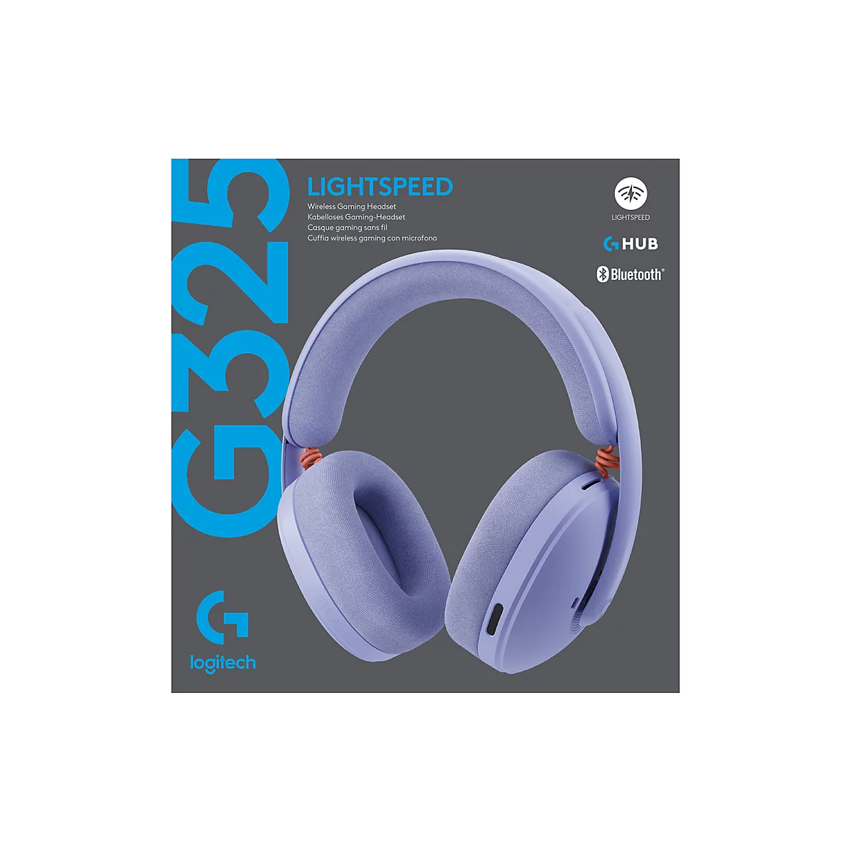 Logitech G325 Wireless Gaming-Headset in Flieder vor quadratischer Verpackung mit Logo und Produktinfos.