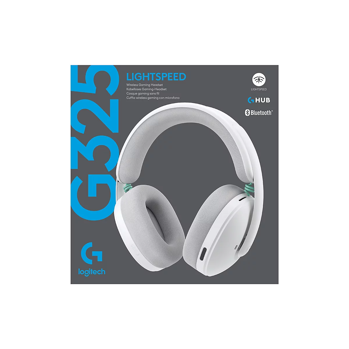 Weißes Logitech G325 Gaming-Headset vor einer dunkelgrauen Verpackung mit blauem Branding.